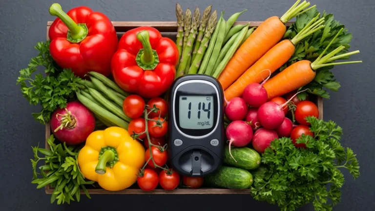 Blood glucose meter with fresh vegetables representing type 2 diabetes management in Atlanta.